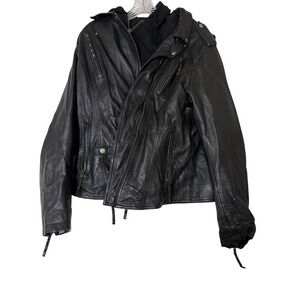 Derringer Leather Biker Jacket Mens XL Black Motorcycle Asym Zip Hooded